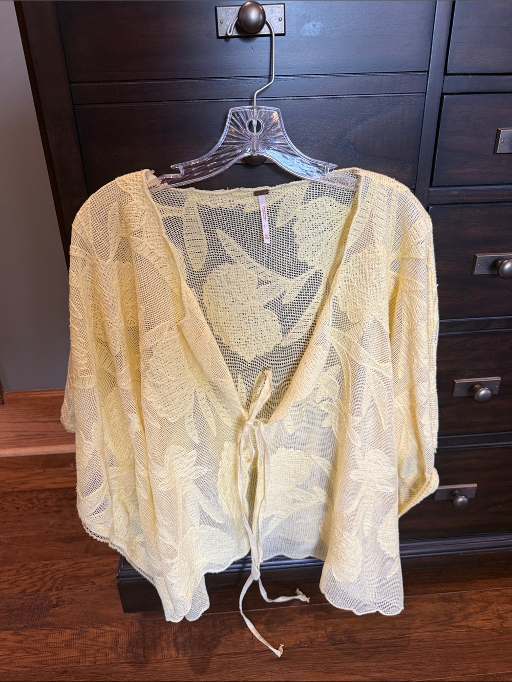 Free People Light Yellow Floral Sheer Tie-Front Cape